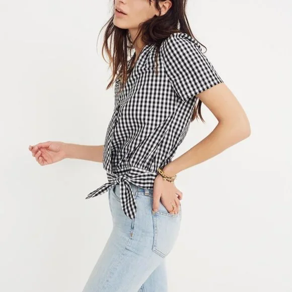 Madewell | Black and White Gingham Short Sleeve Wrap Top with Tie Waist, Size S - Picture 2 of 11